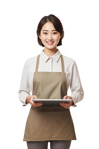 Woman holding a digital tablet apron portrait clothing. AI generated Image by rawpixel.