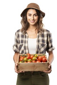 Female farmer holding tomato crate vegetable portrait clothing. AI generated Image by rawpixel.