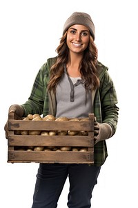 Female farmer holding potato crate portrait clothing sleeve. AI generated Image by rawpixel.