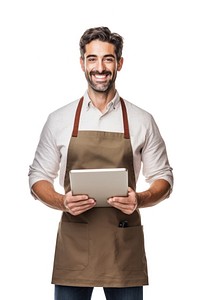 Man holding a digital tablet apron computer portrait. AI generated Image by rawpixel.