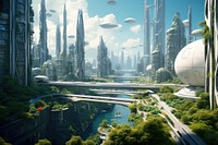 Hyperdetailed futuristic city landscape with plants architecture cityscape building. AI generated Image by rawpixel.