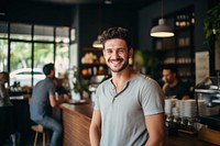 Man smiling at the counter restaurant adult smile. AI generated Image by rawpixel.