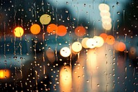 Raindrop on window againts a blurry traffic jam light lighting outdoors. AI generated Image by rawpixel.
