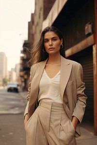 Woman wearing minimal beige tone outfit portrait photography overcoat. 