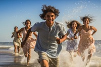 Group of hispanic friends running in to the sea vacation fun outdoors. AI generated Image by rawpixel.