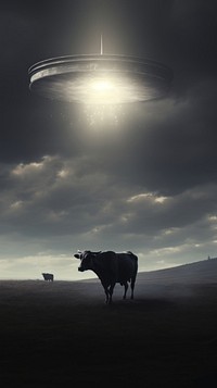Monochrome UFO taking a cow to sky livestock outdoors mammal. AI generated Image by rawpixel.