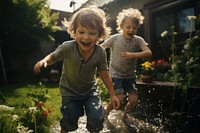 Children playing at backyard portrait outdoors smiling. AI generated Image by rawpixel.