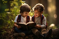 Children reading book publication outdoors smiling. 