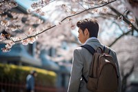 Japanese student wearing uniform blossom walking backpack. AI generated Image by rawpixel.