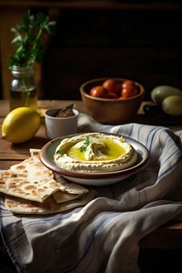 Hummus bread table fruit. AI generated Image by rawpixel.