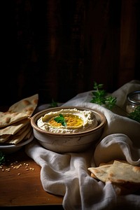 Hummus bread table food. 