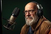 Old bearded bald man wearing glasses microphone headphones recording. AI generated Image by rawpixel.