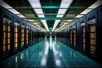 A long hallway with a row of servers in the center computer architecture illuminated. AI generated Image by rawpixel.