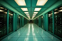 A long retro hallway with a row of servers in the center computer architecture illuminated. AI generated Image by rawpixel.