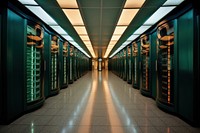 A long retro hallway with a row of servers in the center computer transportation architecture. AI generated Image by rawpixel.