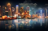 Illuminated asian city skyline glows over crowded waterfront casino architecture illuminated metropolis. AI generated Image by rawpixel.