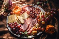 Cold cut cheese fruit plate. AI generated Image by rawpixel.