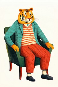 Tiger wearing pants sitting on an armchair furniture representation accessories. AI generated Image by rawpixel.