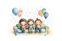 Three children sat watching a movie on a large sofa representation balloon cute. AI generated Image by rawpixel.