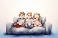 Three children sat watching a movie furniture portrait cute