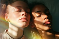 Rainbow light on body of lesbian couple face photography portrait adult. AI generated Image by rawpixel.