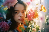 Rainbow light on girl flowers face photography portrait adult. AI generated Image by rawpixel.