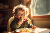 Baby eating gluttonously by using hand sitting chair food. AI generated Image by rawpixel.