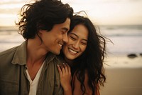 Couple East Asian portrait beach laughing. AI generated Image by rawpixel.
