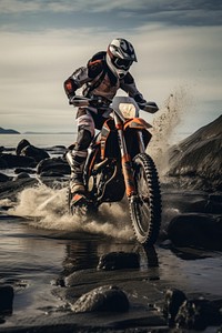 Man is riding his dirt bike motorcycle motocross vehicle. 