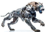 Cyborg lion leaping animal mammal white background. AI generated Image by rawpixel.