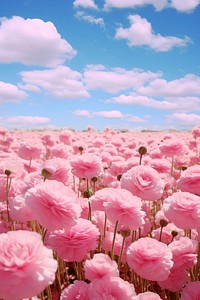 Beautiful pink floral field sky outdoors blossom. AI generated Image by rawpixel.