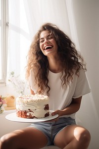 Happy girl with tasty cake laughing dessert food. AI generated Image by rawpixel.