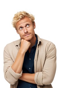 A european blonde man with hand on his chin thinking about question portrait adult photo. AI generated Image by rawpixel.