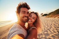 Young happy man kissing his beautiful girlfriend while taking selfie photo on sunny beach laughing outdoors nature. AI generated Image by rawpixel.