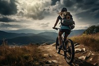 Mature woman riding bike on mountain trail backpack bicycle vehicle. AI generated Image by rawpixel.