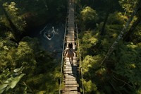 Woman adventure in forest trail outdoors woodland nature. 