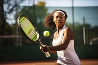 Black woman enjoy playing tennis in tennis court sports racket ball. 