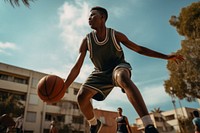 Black man enjoy playing basketball in basketball court sports footwear day. AI generated Image by rawpixel.