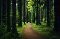 Forest with tall dark green trees nature landscape sunlight. 