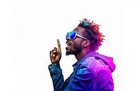 African american man enjoy music while finger pointing to sky adult blue face. AI generated Image by rawpixel.
