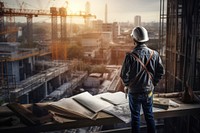 Engineer man examining at constuction site construction hardhat helmet. 