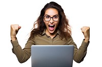 Excited young spainish girl with laptop shouting computer glasses. AI generated Image by rawpixel.
