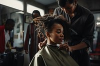 Woman barber and black woman curly hair customer barbershop adult hairdresser. AI generated Image by rawpixel.