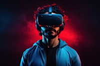 Man in futuristic VR simulator portrait photo blue. AI generated Image by rawpixel.
