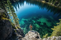 Men floating on the crystal clear lake tree wilderness landscape. AI generated Image by rawpixel.