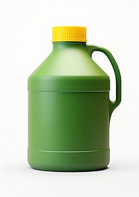 Small matte plastic green gallon jug with yellow cap bottle white background refreshment. 