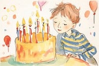 Kid blow birthday cake drawing dessert candle. AI generated Image by rawpixel.