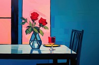 Dinner table with rose in vase painting furniture flower. AI generated Image by rawpixel.