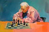 Chubby old man playing chess painting game concentration. 