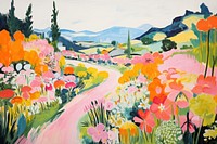 Flower garden on hill painting outdoors pattern. AI generated Image by rawpixel.